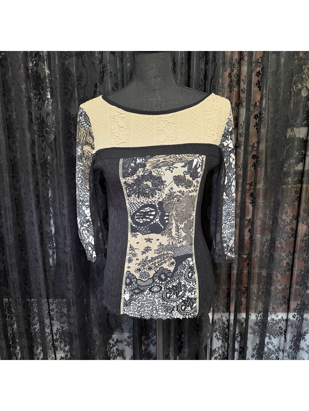 ANAC Designed by Kimi Art to Wear Colorblock Mesh Lace Print Top L